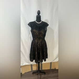 Shoshanna Black and Gold Lace Midi Dress
